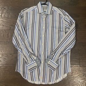 Thomas Dean Blue and White Striped Dress Shirt
